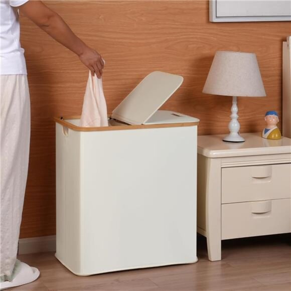 Laundry Hamper with Lid, Double Laundry Hamper with 2 Removable Bags, 2 Section - Picture 3 of 7